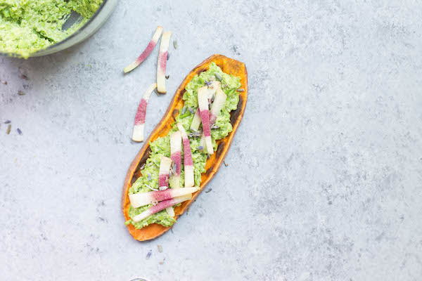 Sweet Potato Toast topped with Spring Pea mash, radish and lavender. Sweet, salty and floral - this will perk you up for spring!!